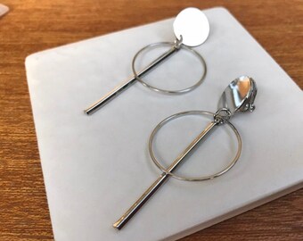 CLIP ON earrings - Silver tone disc and hoop. Statement drop dangle earrings