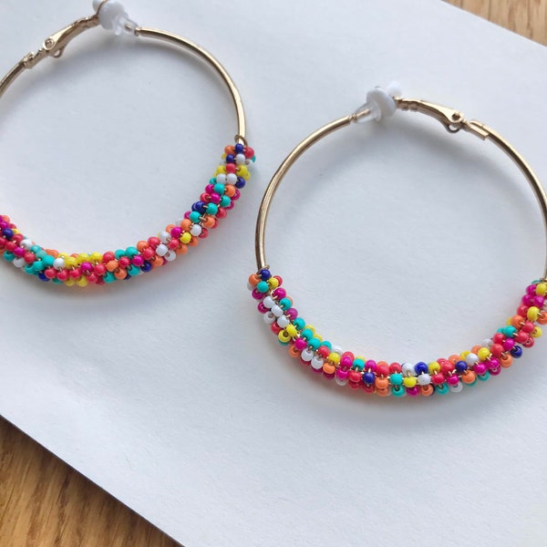 Clip on hoop earrings. Jazzy multicolour beads. Large statement!