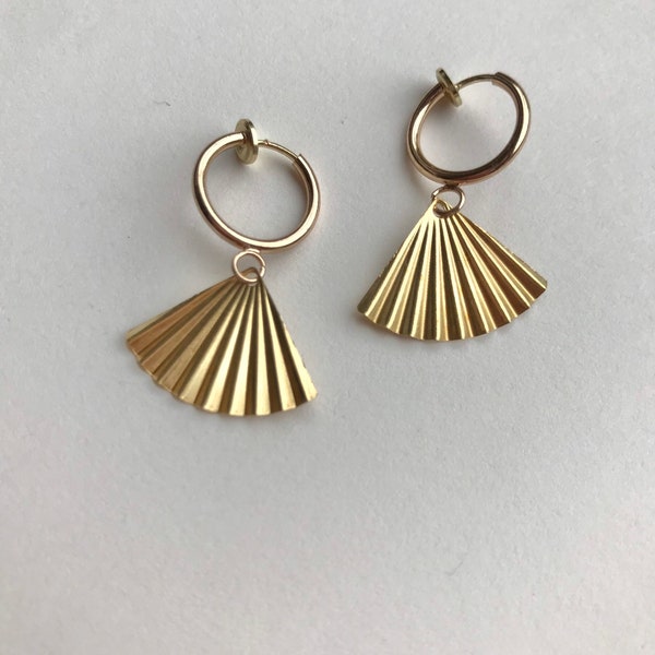 Fan shell clip-on earrings. Gold hoop. Drop Dangle Summer. Fun. Unusual. Holiday