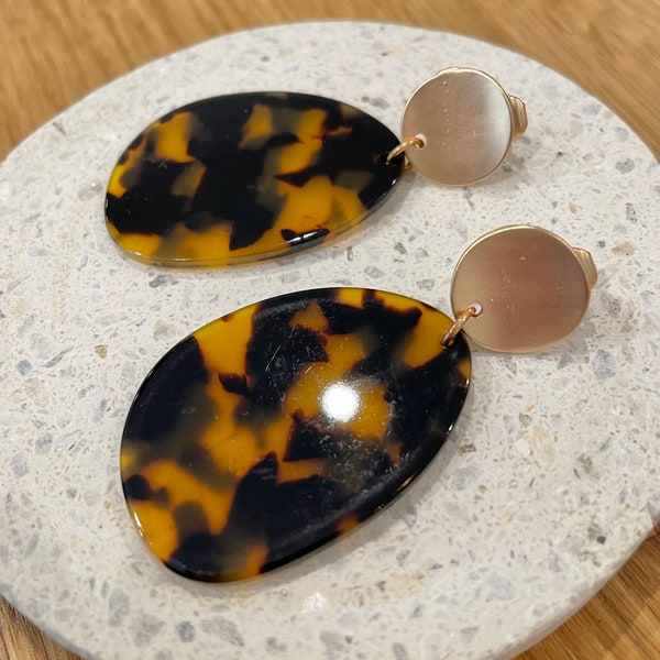 CLIP ON round earrings. Drop dangle with leopard resin flecks.