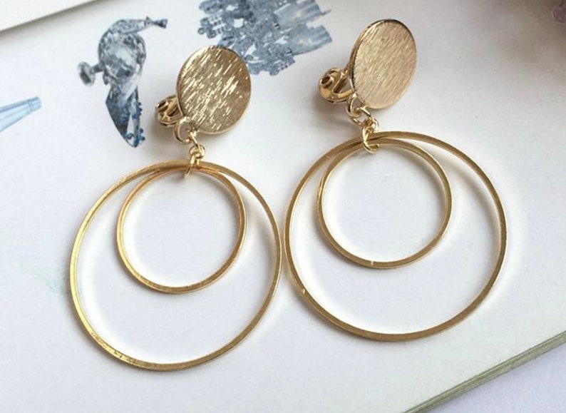 Hoop CLIP ON Earrings Gold Tone Round Doublehoop With Gold Etsy UK