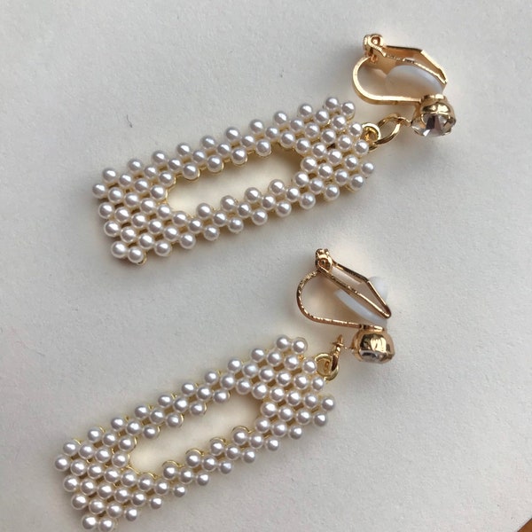 CLIP ON earrings - Wedding. Pearl Beads. Statement drop dangle earrings. Rectangle Pearl.