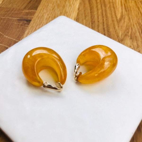 Clip On, Bright Large Teardrop Hoop Yellow Drop Earrings. Statement, Retro-looking