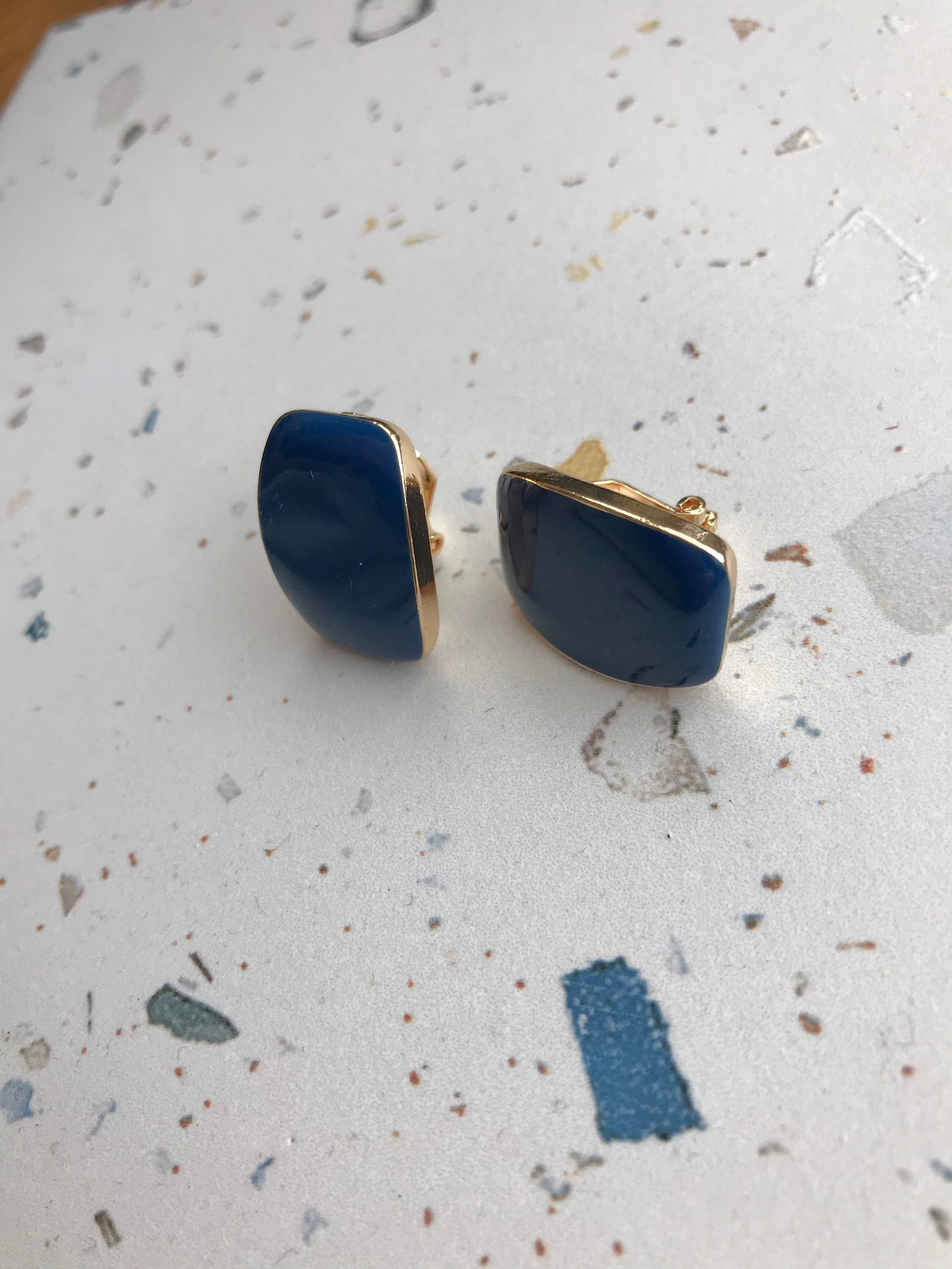 Enamel CLIP ON earrings blue colour. Statement drop dangle Etsy