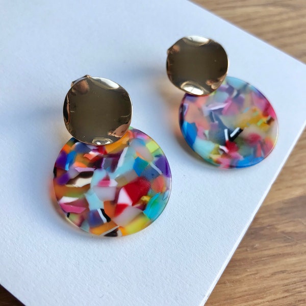 CLIP ON round earrings. Drop dangle with multicolour resin flecks. Red, yellow, green and oranges