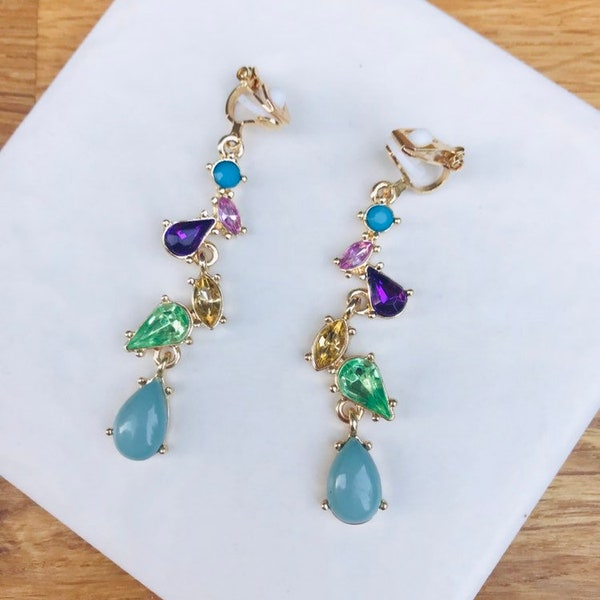 Multicoloured Clip On Earrings Drop Dangle Gold Gem Diamanté Flower Statement Marquise