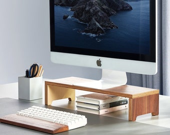 Black Walnut & Birch Wood Monitor Stand: Wooden iMac Display Storage Desk Shelf