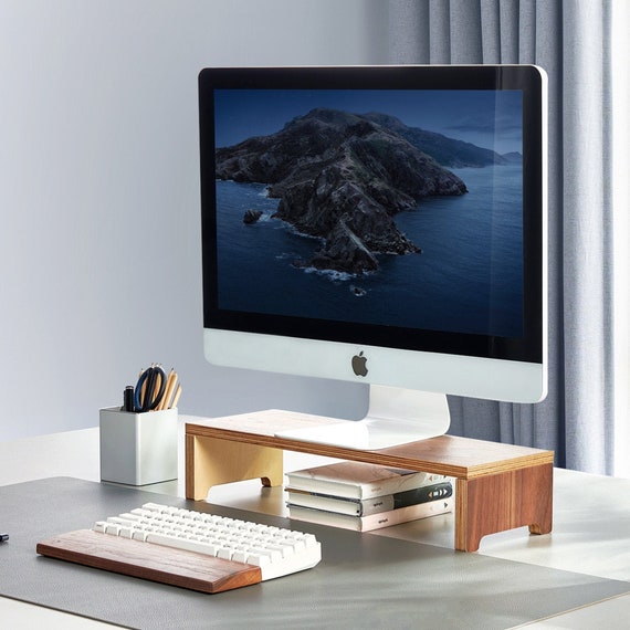 Black Walnut & Birch Wood Monitor Stand: Wooden iMac Display Storage Desk Shelf