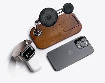 3-in-1 Mag-Safe Wireless Charger: Black Walnut Wood iPhone, Apple Watch, AirPods Charging Stand & Station