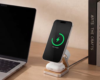 3-in-1 Wireless Charger: Black Walnut / Beech Wood & Aluminum, For iPhone, Apple Watch, AirPods, MagSafe