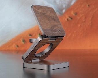 3-in-1 Mag-Safe Wireless Charger: Black Walnut Wood & Aluminum iPhone, Apple Watch, AirPods Charging Stand