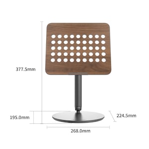 A laptop stand is displayed on the front against a white background, with various parameters of support surface, base, etc.