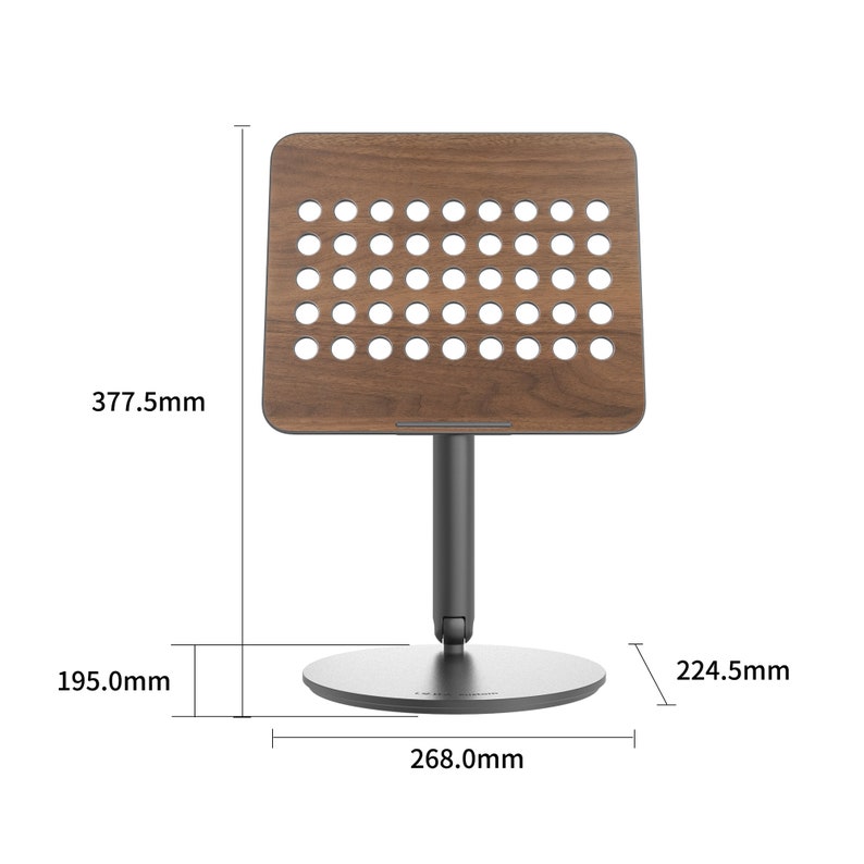 A laptop stand is displayed on the front against a white background, with various parameters of support surface, base, etc.