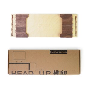 May include: A wooden monitor stand with a light brown base and dark brown side panels. The stand is labeled "LOHA Custom Head Up Monitor". The stand is packaged in a brown cardboard box with the text "LOHA Custom Head Up 組み立て" printed on it.