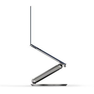 A laptop stands on a 90-degree display against a white background.