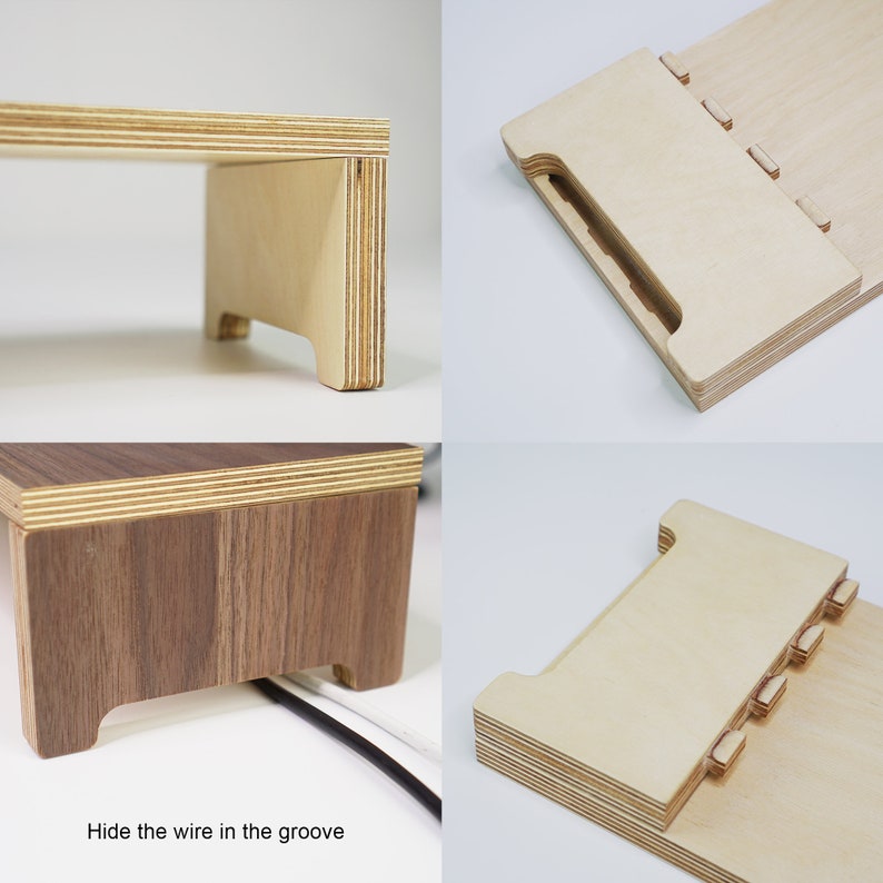 May include: A wooden monitor stand with a groove to hide wires. The stand is made of light wood with a natural finish. The stand is shown from different angles, highlighting the groove and the construction of the stand.