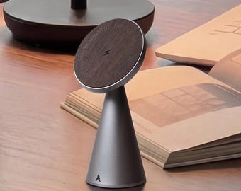 Wireless Charger Stand for iPhone: Black Walnut Wood & Aluminum Charging Station, Compatible with MagSafe