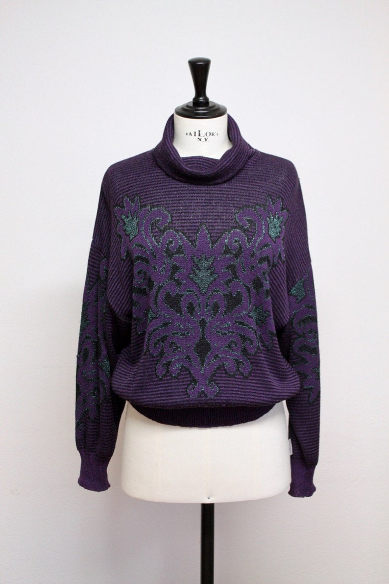 Vintage 80s Purple Knit Turtleneck Sweater with Ornaments Made in Denmark Size S