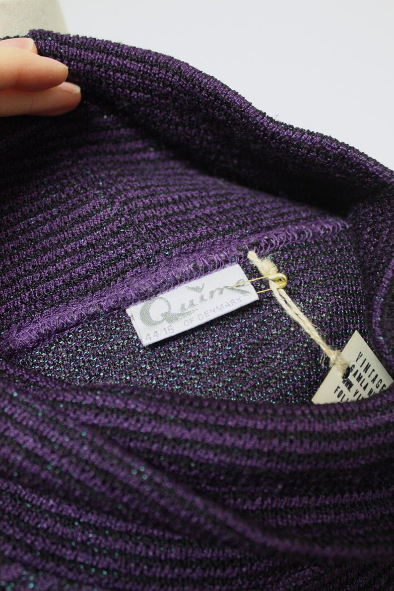 Vintage 80s Purple Knit Turtleneck Sweater with Ornaments Made in Denmark Size S