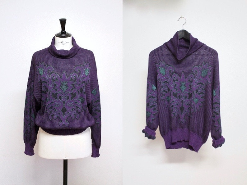 Vintage 80s Purple Knit Turtleneck Sweater with Ornaments Made in Denmark Size S
