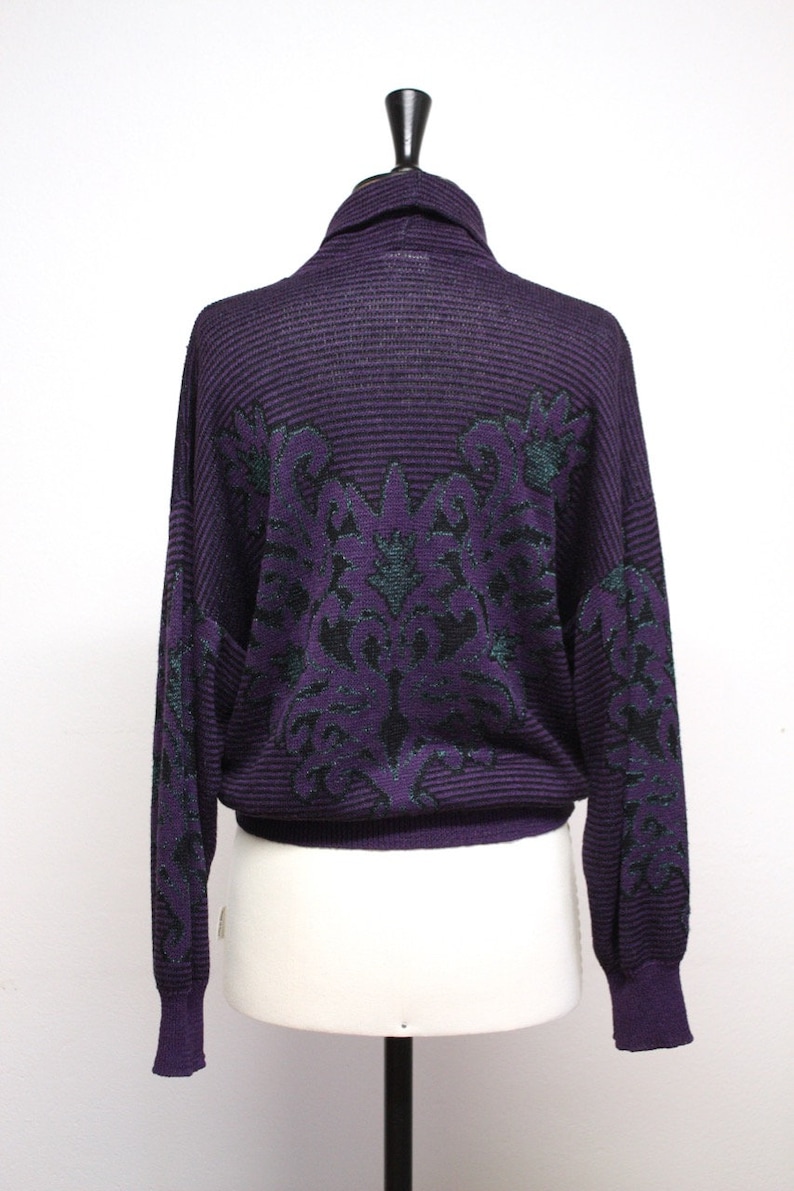 Vintage 80s Purple Knit Turtleneck Sweater with Ornaments Made in Denmark Size S
