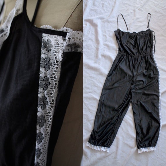 90’s jumpsuit pyjamas // Black nylon white lace un
