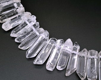 Quarzo cristallo grezzo trasparente, punti di cristallo forati con parte superiore lucida, perline naturali