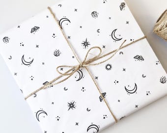 Celestial Printed Tissue Paper: Moon, Sun, Crystal Boho Packaging, Eco Friendly