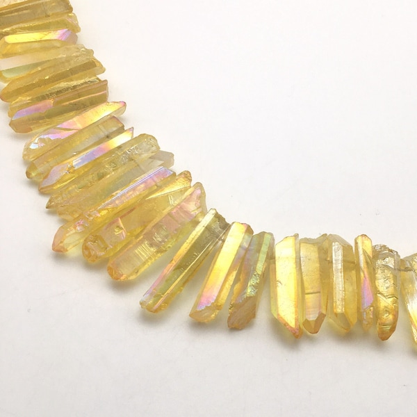 Yellow AB Raw Crystal Quartz Beads, Aura Quartz Points, Top Drilled Crystal Points, Natural Stone Stick Beads