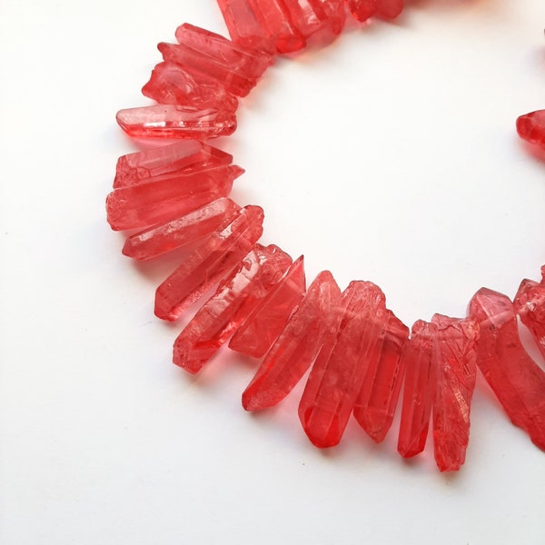 Brilliant Red Raw Crystal Quartz Beads, Matte Quartz Points, Top Drilled Crystal Points, Natural Stone Stick Beads