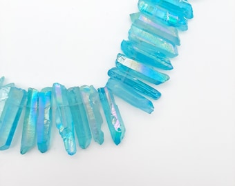 Light Blue AB Aura Quartz Crystal Points: Top Drilled Stick Beads