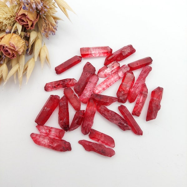 Matte Red Small Raw Crystal Quartz LOT, Small Top Drilled Crystal Points, Natural Stone Stick Beads. LOT