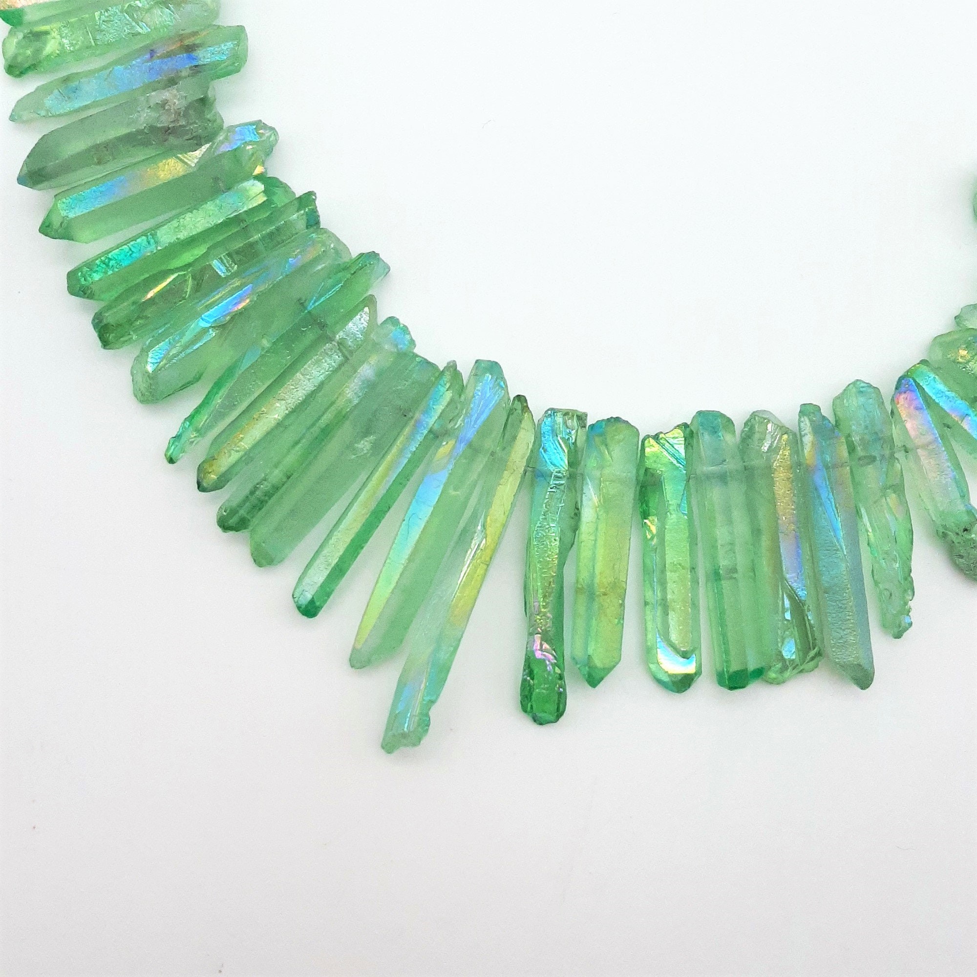 Green AB Raw Crystal Quartz Beads, Aura Quartz Points, Top Drilled Cr…