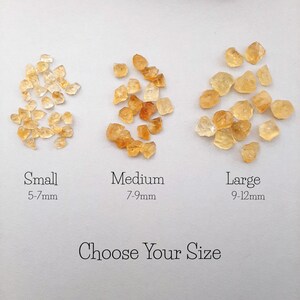 Pu&ograve; includere: Tre mucchietti di cristalli di citrino dorati grezzi di piccole, medie e grandi dimensioni. I mucchietti sono etichettati "Small 5-7mm", "Medium 7-9mm" e "Large 9-12mm". Il testo "Choose Your Size" &egrave; sotto i mucchietti.