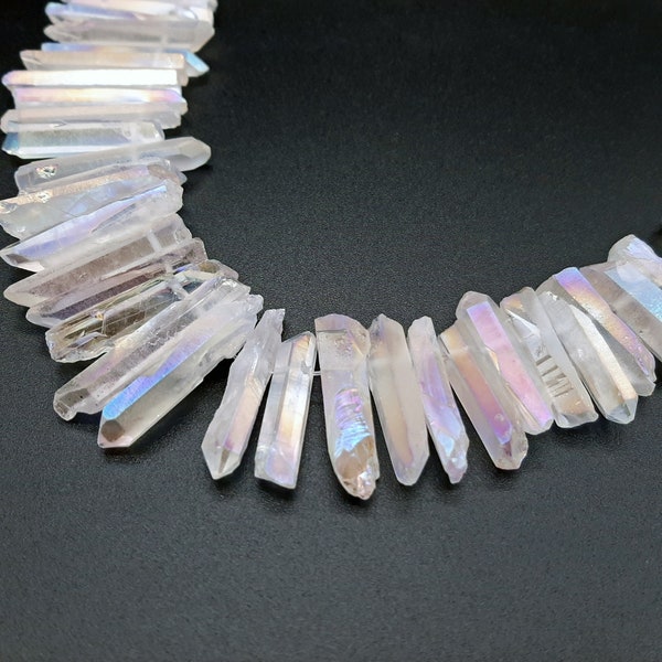 Slender Matte White Aura Quartz Points, AB Quartz Crystal Points, Top Drilled Crystal Points, Natural Stick Beads