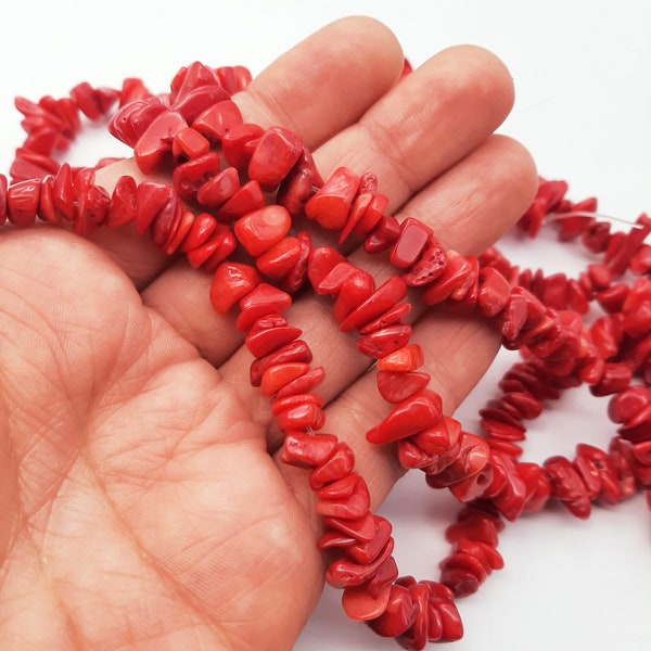 Red Coral Gemstone Chip Bead Strand, 16 & 32 inch Strand, Red Coral Gemstones, Centre Drilled Chips
