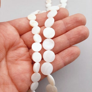 Peut inclure: Un brin de perles rondes en coquillage blanc. Les perles sont lisses et ont un l&eacute;ger &eacute;clat iridescent.
