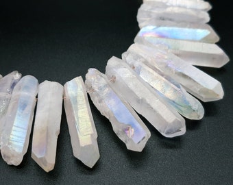 Matte White Aura Quartz Points, AB Quartz Crystal Points, Top Drilled Crystal Points, Natural Stick Beads