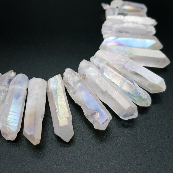 Matte White Aura Quartz Points, AB Quartz Crystal Points, Top Drilled Crystal Points, Natural Stick Beads