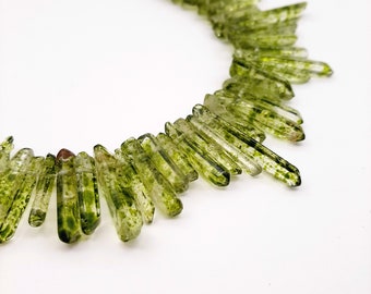 Slender Moss Green Quartz Crystal Beads, Green Quartz Points, Small Top Drilled Crystal Points, Natural Stone Stick Beads