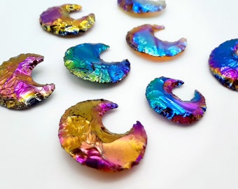 Titanium Aura Obsidian Moon: Rainbow Crescent Crystal Pendant