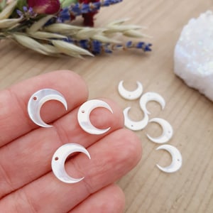 White Mother of Pearl Moon, Natural Shell Moon, Moon Shaped Shell, Drilled White Shell, Moon Pendant, Top Drilled
