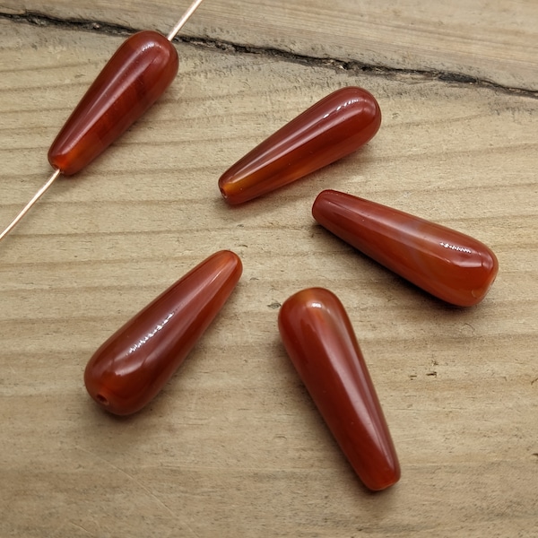 Polished Red Agate Teardrop Beads: Vertical Drilled Gemstone