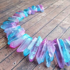Blue and Pink Raw Crystal Quartz Beads, Top Drilled Crystal Points, Natural Stone Stick Beads