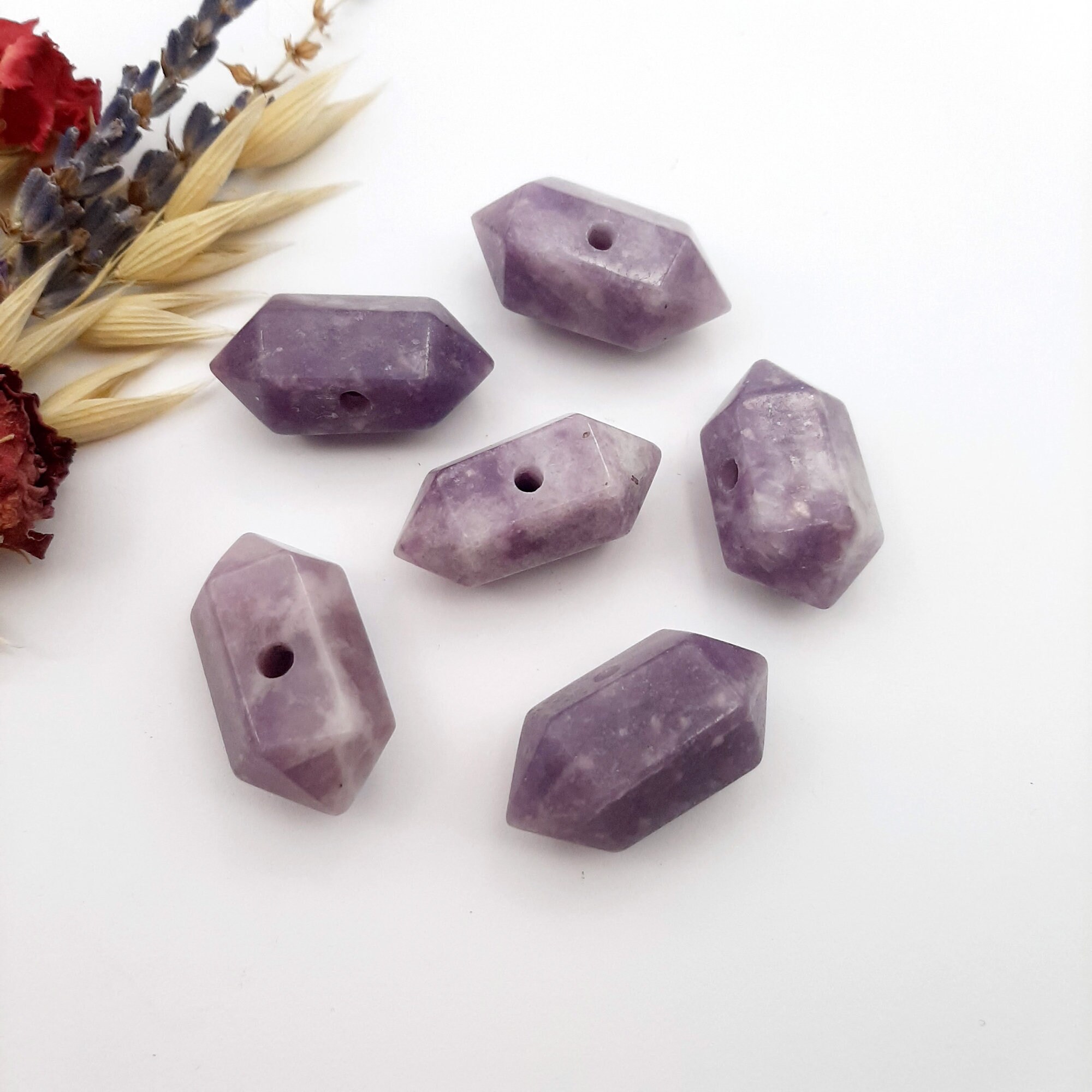 Lepidolite Gemstone Points, Double Terminated Crystal, Middle Drilled Gemstone Points, Natural Crystal Wand, Healing Gemstones