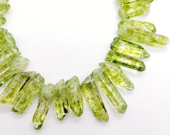 Chunky Moss Green Quartz Crystal Beads, Green Quartz Points, Top Drilled Crystal Points, Large Natural Stone Stick Beads