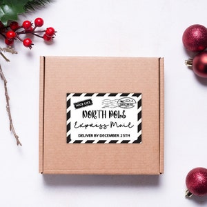 Etiquetas de correo de Santa Plantilla térmica Taller de Santa Regalo de Navidad Polo Norte Etiqueta de envío personalizada Entrega especial Imprimible