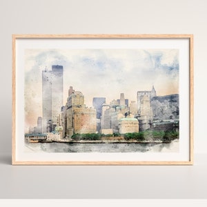 New York Printable Wall Art Watercolor NYC Skyline Twin Towers Art Print Modern Home Decor New York City Skyline Printable Canvas Art Gift