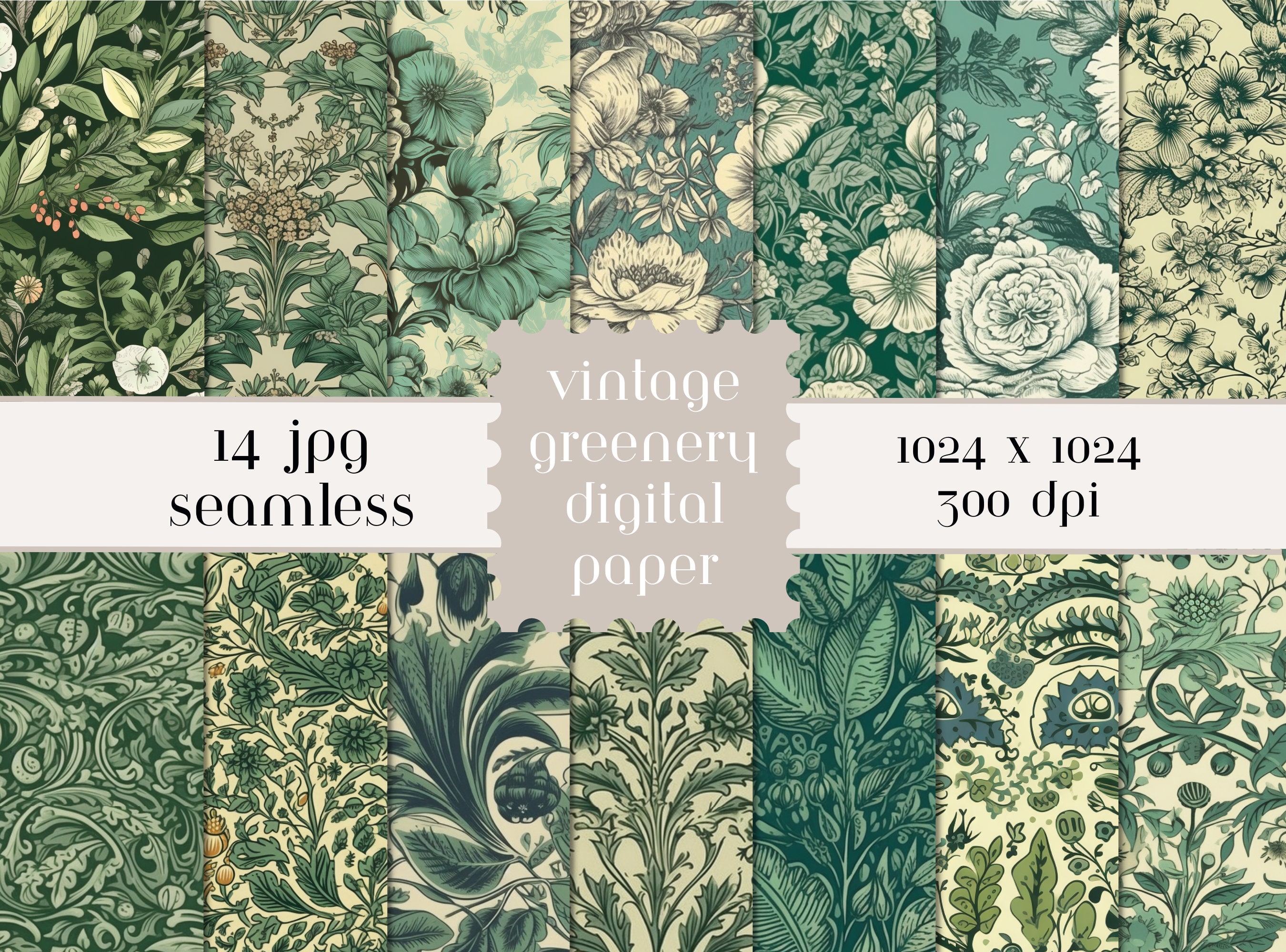 Vintage Floral Greenery Digital Paper Set Download Digital Paper Pack ...