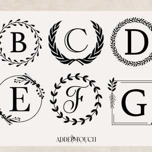 May include: A set of six black and white monogram designs featuring the letters B, C, D, E, F, and G. Each letter is surrounded by a decorative wreath or frame.